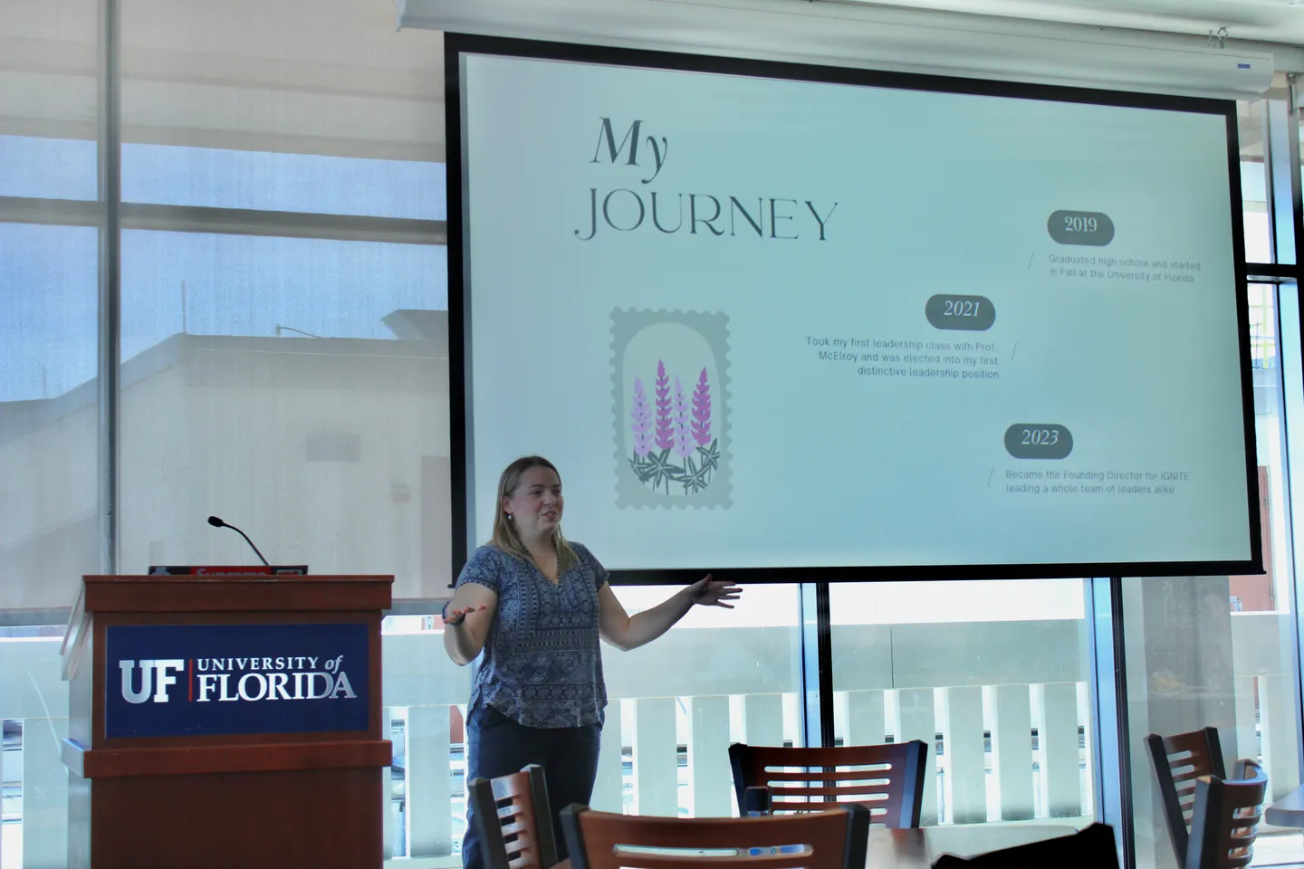 A speaker presenting a personal leadership journey at ELC’s Spring 2024 Flagship.